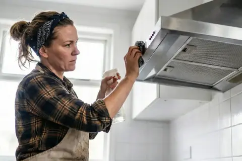 Kobieta w fartuchu i chustce na głowie czyści okap kuchenny. Pokazuje, jak wyczyścić okap z tłuszczu, używając sprayu i gąbki.