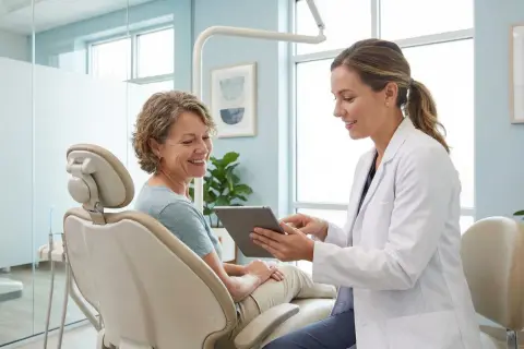 Dentystka w białym fartuchu pokazuje coś na tablecie pacjentce siedzącej na fotelu dentystycznym.