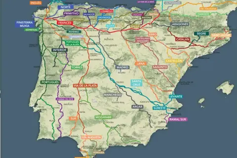 Mapa szlaków św. Jakuba z Polski do Hiszpanii. Wiele tras, m.in. Via de la Plata, Camino Portugués, Camino Francés.