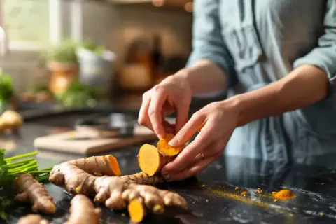 Ręce przygotowują świeżą kurkumę do użycia. Zobacz, jak stosować kurkumę w kuchni i zdrowiu.