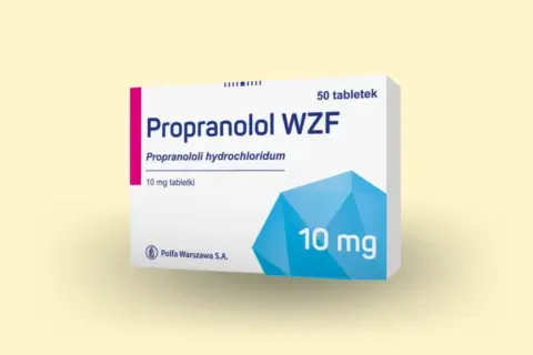 Opakowanie Propranololu WZF 10 mg, leku stosowanego na nerwicę. 50 tabletek.