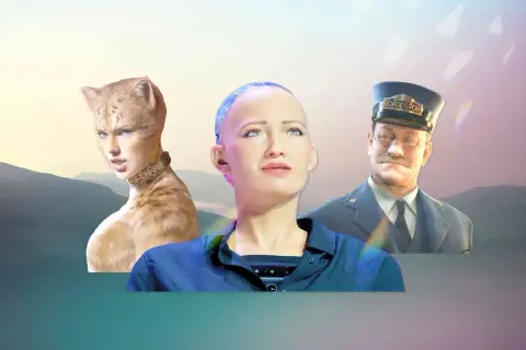 A drawing exploring the uncanny valley: a cat-woman hybrid, a robot, and a train conductor.