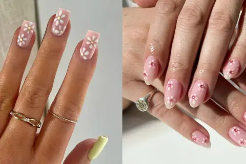 Jolis ongles avec nail art fleurs blanches et jaunes sur fond rose pâle, et des fleurs roses sur d'autres ongles.