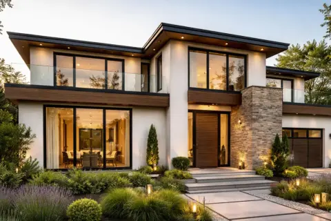 Moderna casa con grandes ventanales y jardín iluminado. Un ejemplo de inspiracion casas de lujo y diseño contemporáneo.