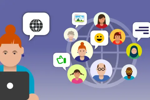 Eine Frau mit Laptop verbindet sich mit Menschen weltweit. Die Grafik erklärt die soziale netzwerke definition durch Icons wie Daumen hoch, Bilder und Smileys.