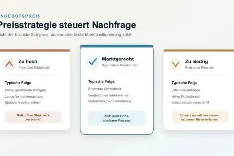 Vergleich von Preisstrategien für Immobilien: Zu hoch, marktgerecht oder zu niedrig? Die richtige Wahl beeinflusst den Verkaufserlös.