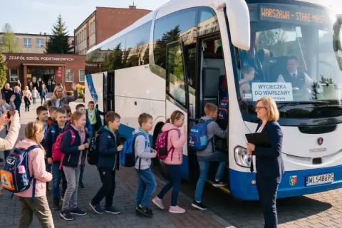 Dzieci z plecakami wsiadają do autobusu na wycieczkę do Warszawy. W tle szkoła i rodzice machający na pożegnanie.