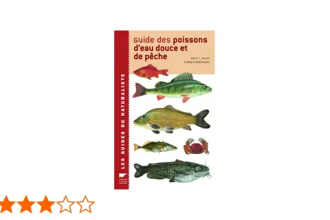 Guide des poissons d'eau douce et de pêche, illustrant un petit poisson de rivière, un perche, une carpe, un poisson-chat et un crabe.
