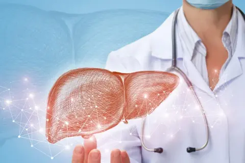 Lekarz hepatolog prezentuje schemat wątroby, symbolizujący diagnostykę i leczenie chorób tego narządu.