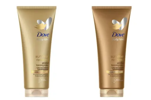 Dwa balsamy brązujące Dove Summer Revived. Dowiedz się, jak stosować balsam brązujący Dove, by uzyskać promienny, złocisty odcień skóry.