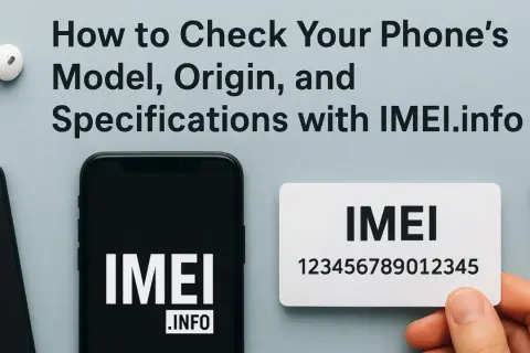 Sprawdź model telefonu, pochodzenie i specyfikacje za pomocą IMEI.info. Na zdjęciu widać smartfon, słuchawki i kartę z numerem IMEI.