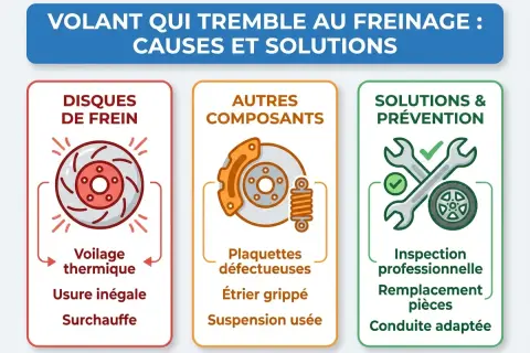 Illustration expliquant les causes du volant qui tremble au freinage : voilage, usure, surchauffe des disques, plaquettes défectueuses, étrier grippé, suspension usée. Solutions : inspection, remplacement, conduite adaptée.