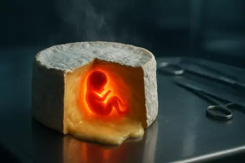 Un embryon lumineux est niché au cœur d'un brie de Meaux, comme une nouvelle vie en gestation.