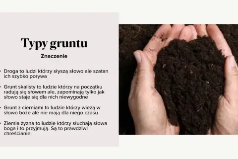 Przypowieść o siewcy streszczenie: różne typy gruntu symbolizują ludzi, którzy różnie przyjmują słowo Boże. Dłonie trzymają żyzną ziemię, symbol dobrych chrześcijan.