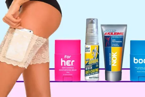 Protector de muslos de encaje con bolsillo para móvil y productos para prevenir rozaduras en los muslos.