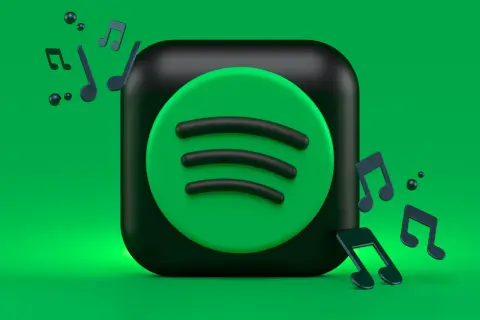 Ikona Spotify otoczona nutami muzycznymi na zielonym tle.