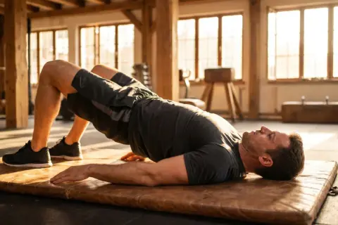 Man performing a glute bridge exercise in a sunlit gym. This exercise strengthens the glutes and hamstrings, showing the "neck bridges before after" transformation for better posture.
