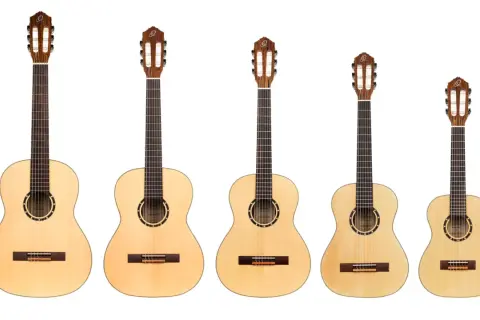 Pięć gitar klasycznych o różnej wielkości, od największej do najmniejszej. Gitara 3/4 dla kogo? Idealna dla młodego muzyka.