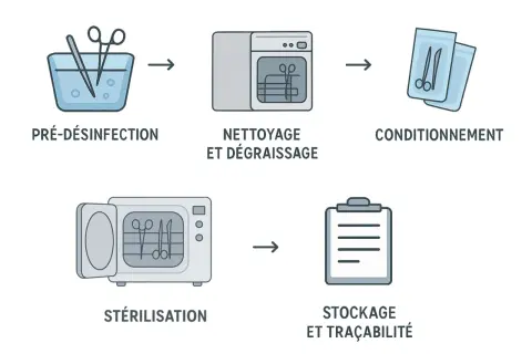 Schéma des étapes de stérilisation : pré-désinfection, nettoyage, conditionnement, stérilisation (pas dans l'eau bouillante), stockage.