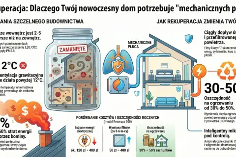 Ilustracja pokazuje system rekuperacji, który zapewnia świeże powietrze i oszczędność energii w domu.