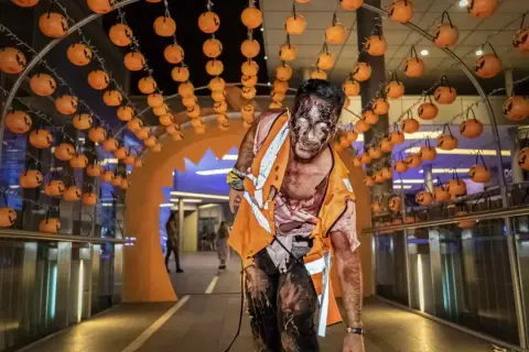 Un espeluznante zombie con maquillaje de Halloween avanza bajo un arco decorado con calabazas en Puerto Venecia.