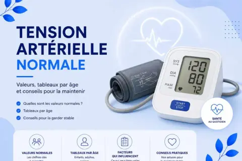 Tableau tension artérielle normale par âge, avec tensiomètre et conseils pour la maintenir.