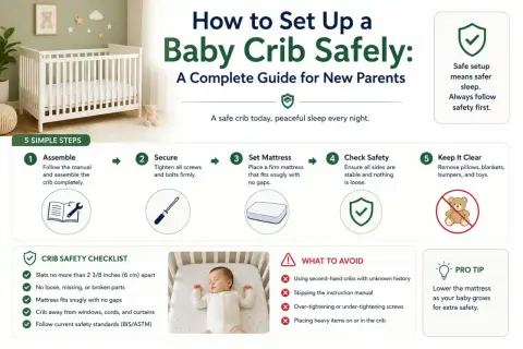 Guide on how to set up a baby crib safely, covering assembly, securing, mattress placement, safety checks, and keeping it clear.