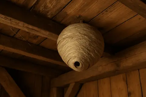 Stort getingbo hänger från träbjälkar. Kanske dags att ta bort getingbo med vatten?
