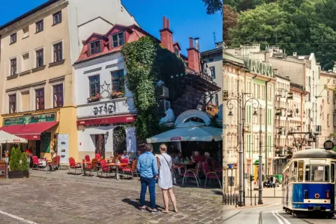En reseguide till Krakow visar charmiga kaféer med uteserveringar och en spårvagn som passerar vackra byggnader.