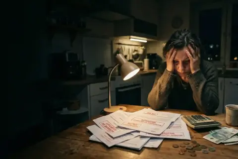 Zestresowana osoba z rękami na głowie przy biurku z dokumentami, kalkulatorem i pieniędzmi.