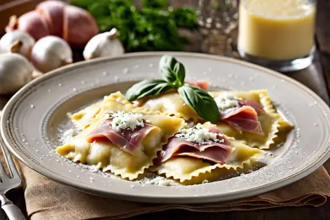 Assiette de ravioli maison garnis de jambon et de fromage, décorés de basilic frais.