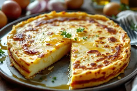 Une délicieuse tortilla espagnole, dorée et savoureuse, est servie sur une assiette. Des œufs et des oignons sont visibles en arrière-plan.