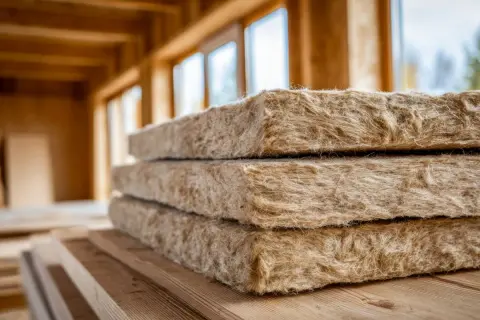 Pannelli isolanti in fibra di legno, ideali per un cappotto interno spessore minimo, pronti per l'installazione in una casa in costruzione.