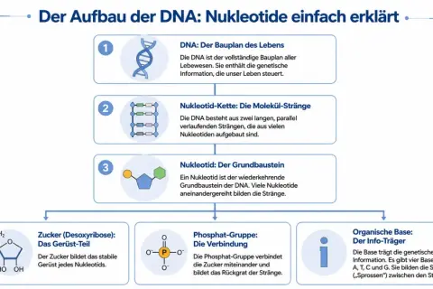 Der Aufbau der DNA: schematische Darstellung der DNA-Doppelhelix, Nukleotid-Ketten, Nukleotide und deren Bestandteile (Zucker, Phosphat, organische Base).