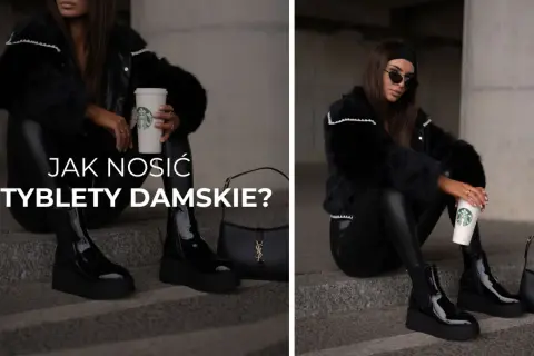 Stylowe sztyblety do sukienki – czarna, lakierowana elegancja z futrzaną kurtką i torebką.