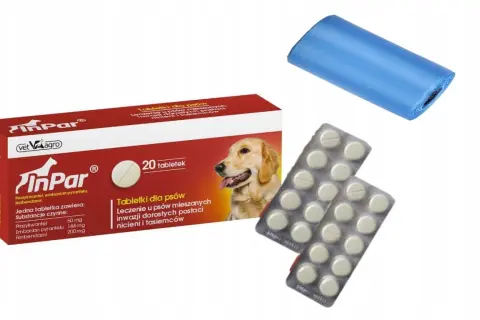 Opakowanie tabletek InPar dla psów, zawierające 20 sztuk. Dobra simparica cena to klucz do zdrowia Twojego pupila. W zestawie woreczki na odchody.