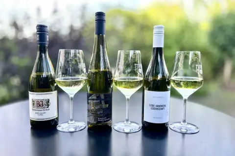 Verkostung von Weißburgunder: Ein Vergleich zwischen verschiedenen Weingütern. Der Unterschied zwischen Riesling und Chardonnay ist hier nicht direkt ersichtlich, aber die Vielfalt des Weißburgunders wird gezeigt.