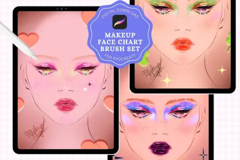 Face charty do Procreate z makijażem inspirowanym NYX. Różowe, zielone i fioletowe cienie do powiek, błyszczące usta.