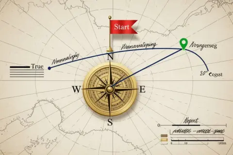 Kompas na mapie pokazuje, jak wyznaczyć azymut co to jest. Trasa od "Start" do "Norngerseg" z zaznaczonymi punktami.