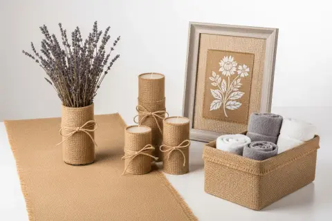 Ambiance champêtre avec des bougies et un vase en toile de jute. Une belle idée déco toile de jute pour un intérieur chaleureux.