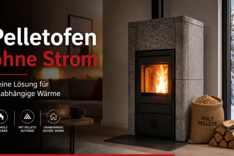 Moderner Pelletofen, der ohne Strom funktioniert. Ideal für unabhängige Wärme, auch bei Stromausfall. Holz und Pellets als Brennstoff.