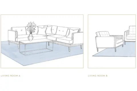 Wohnzimmer A zeigt eine Couch mit Couchtisch auf einem Teppich. Wohnzimmer B zeigt zwei Sessel, die Frage: Teppich unter Couchtisch ja oder nein?