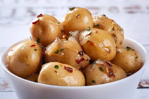 Miseczka pełna pysznych, błyszczących kiszonych ziemniaków z dodatkiem ziół i papryczki chili. Idealne jako dodatek do obiadu.