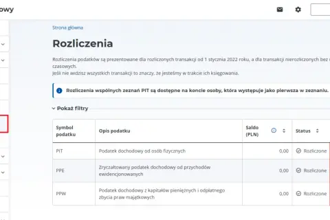 Na stronie e-Urzędu Skarbowego widzisz sekcję "Rozliczenia", gdzie znajdują się podatki PIT, PPE i PPW. Kliknij "Więcej", by dowiedzieć się, pit 4r co to jest.