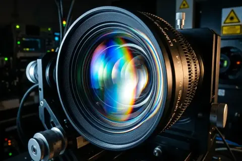 Obiektyw aparatu z tęczowymi refleksami, ukazujący, czym jest aberracja chromatyczna.