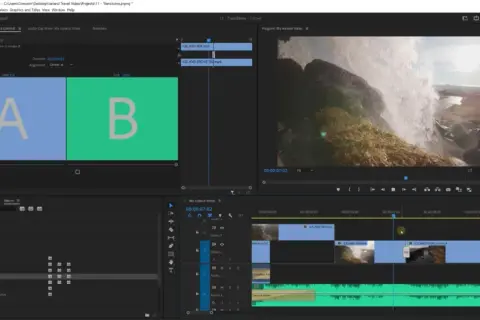 Adobe Premiere Pro showing how to install transitions in Premiere Pro, with "Dip to White" selected in the Effects panel.
