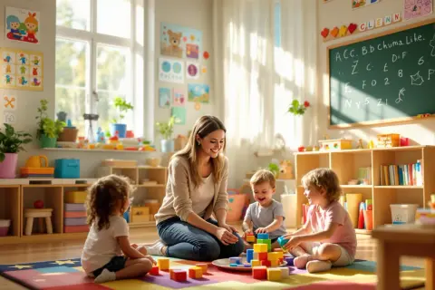 Uśmiechnięta przedszkolanka bawi się klockami z dziećmi. Choć nie wiemy, ile zarabia przedszkolanka, widać, że praca daje jej radość.