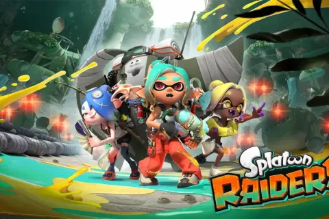 Vier bunte Inklinge mit Waffen, bereit für den nächsten Nintendo Direct. Splatoon Raiders im Kampf.