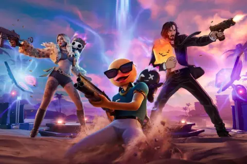 Charaktere aus Fortnite Season 3 kämpfen auf einer tropischen Insel. Ein Enten-Charakter mit Sonnenbrille und Schrotflinte ist im Vordergrund.