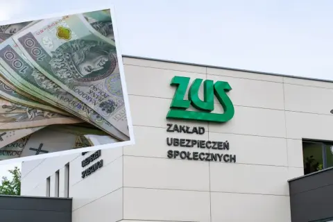 Stos banknotów 100 zł i budynek ZUS. Czy to symbol najwyższej emerytury w Polsce?